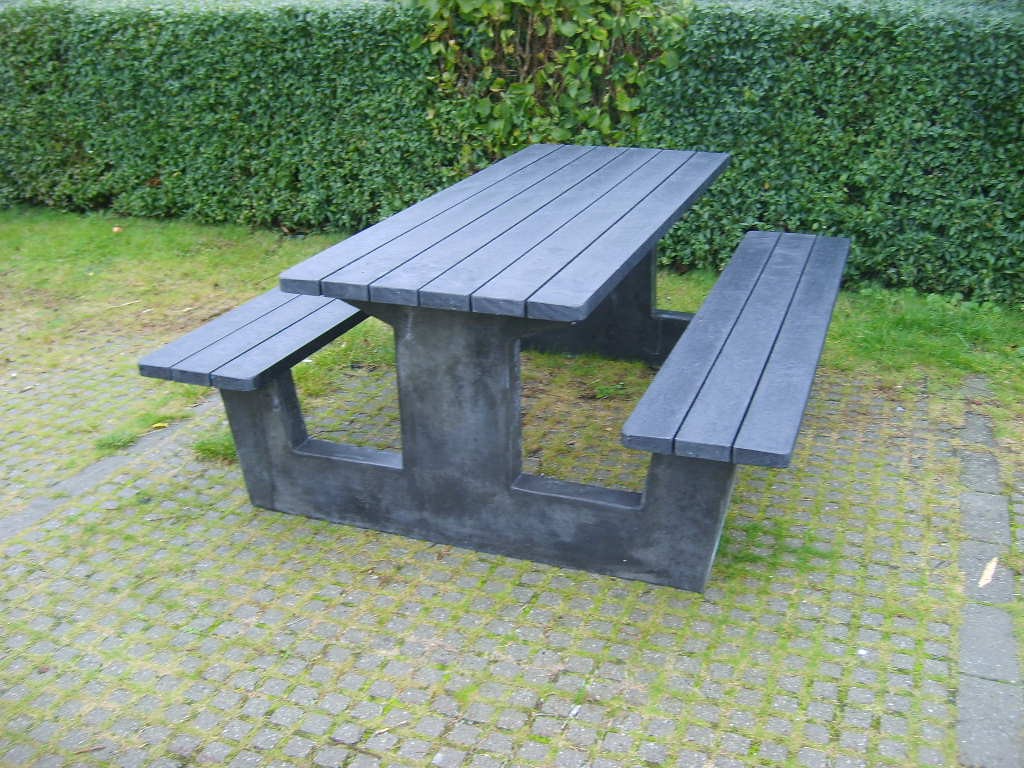 Bench set in black, brown, gray & green, Recycled plastic with concrete base  L: 180 cm. W: 160 cm.  